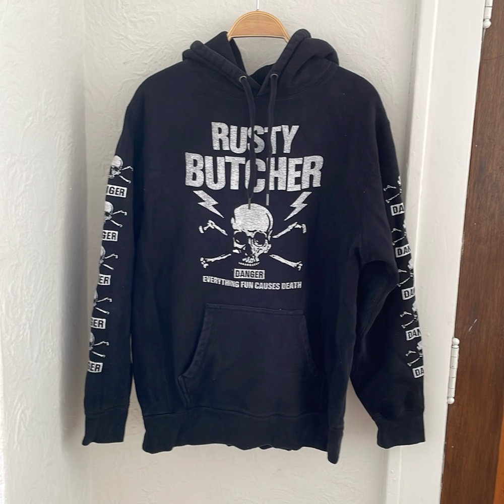 RUSTY BUTCHER Men's Graphic Pullover Hoodie Sweatshirt Size M in Black